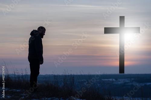 Cross. Crucifixion, Jesus. Silhouette, Man near the cross. Prayer, repentance for sin. Glorification of God. Easter illustration.