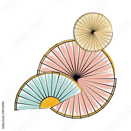 Group of colored chinese handfans Vector photo