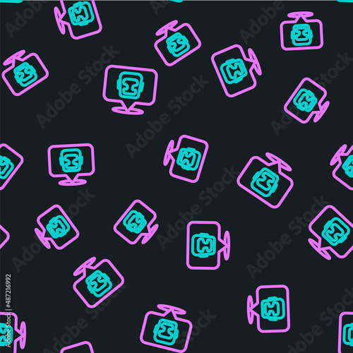Line Boxing helmet icon isolated seamless pattern on black background. Vector
