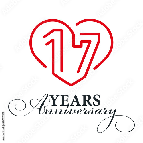 17 years anniversary celebration number seventeen bounded by a loving heart red modern love line design logo icon white background