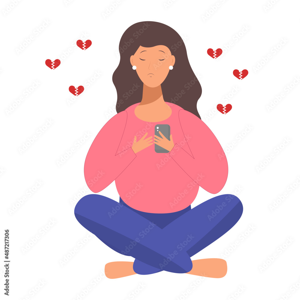 Sad American female character using mobile phone, broken heart. Chatting with boyfriend, Vector illustration cartoon flat style Sad American female character using mobile phone, broken heart. Chatting with boyfriend, Vector illustration cartoon flat style