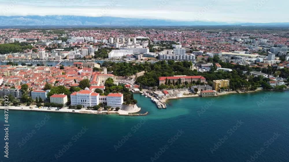 View of the historic center of Zadar. Houses on the shore of the Adriatic sea. Drone Video. Dalmatia. Croatia. Europe View of the historic center of Zadar. Houses on the shore of the Adriatic sea. Drone Video. Dalmatia. Croatia. Europe