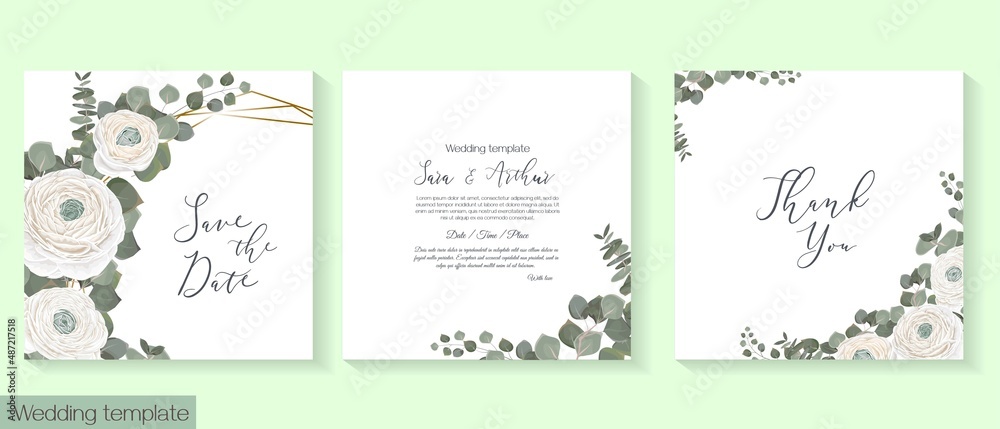Vector floral template for wedding invitation. White roses, ranunculus, eucalyptus, green plants and leaves.
