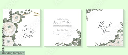 Vector floral template for wedding invitation. White roses  ranunculus  eucalyptus  green plants and leaves.