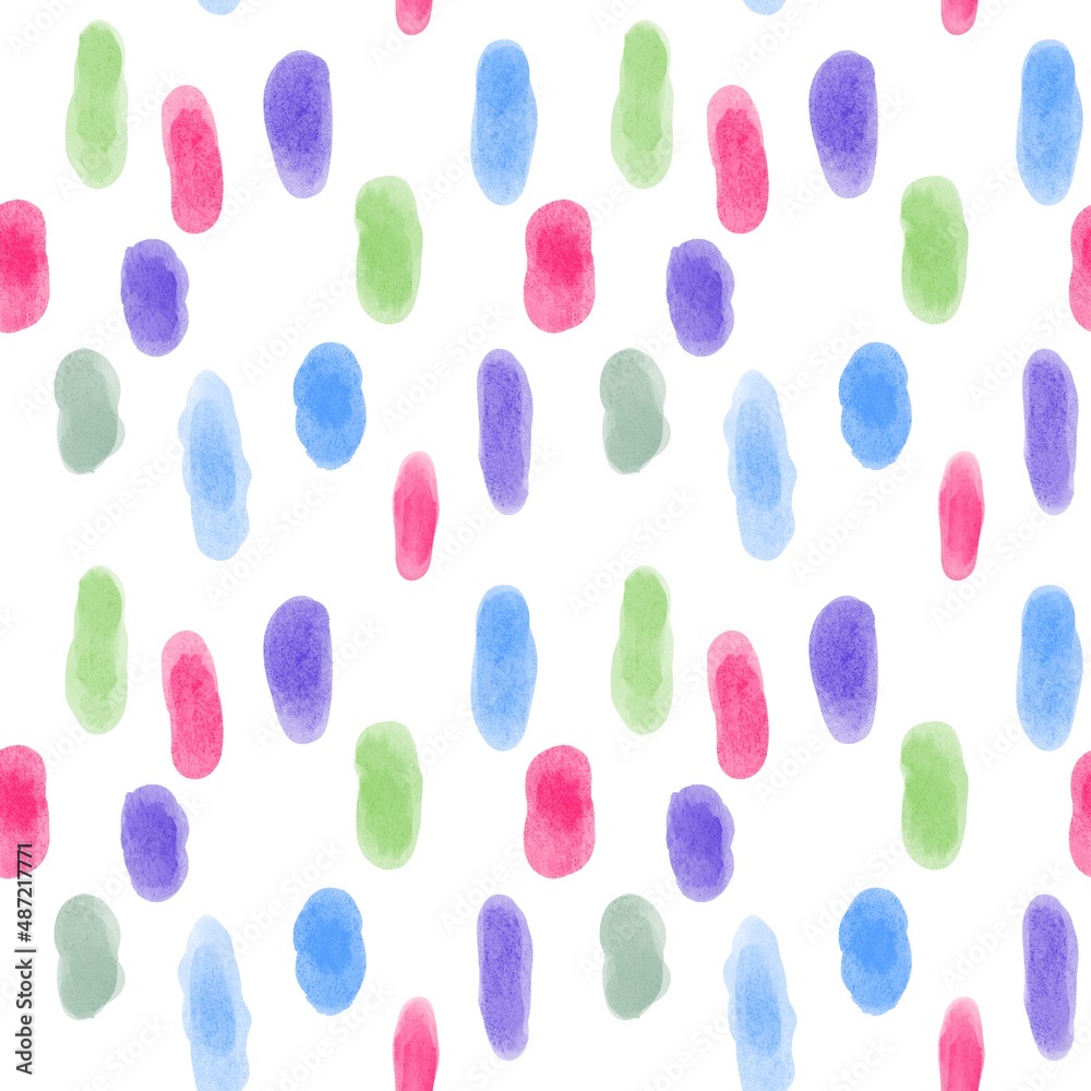 Seamless pattern with colorful watercolors strokes. Motley raster illustration isolated on white background. Cool hipster style for wrapping paper, wallpaper, textile print.