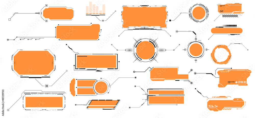 Digital callouts, titles frame text, HUD style. Labels callouts with ...