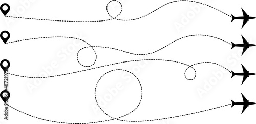 Airplane path black icon. The flight path is indicated by a dotted line. A set of routes in the form of a loop. Takeoff starting point. Vector illustration.