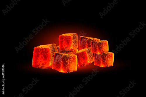 Realistic glowing coal design. Charcoal, for lighting a hookah, fireplace, barbecue. Vector illustration, banner design, hookah signage. 