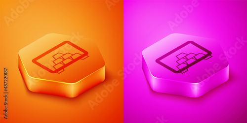 Isometric Safe with gold bars icon isolated on orange and pink background. Precious metals on deposit in bank. Metallic treasury. Reliable data protection. Hexagon button. Vector