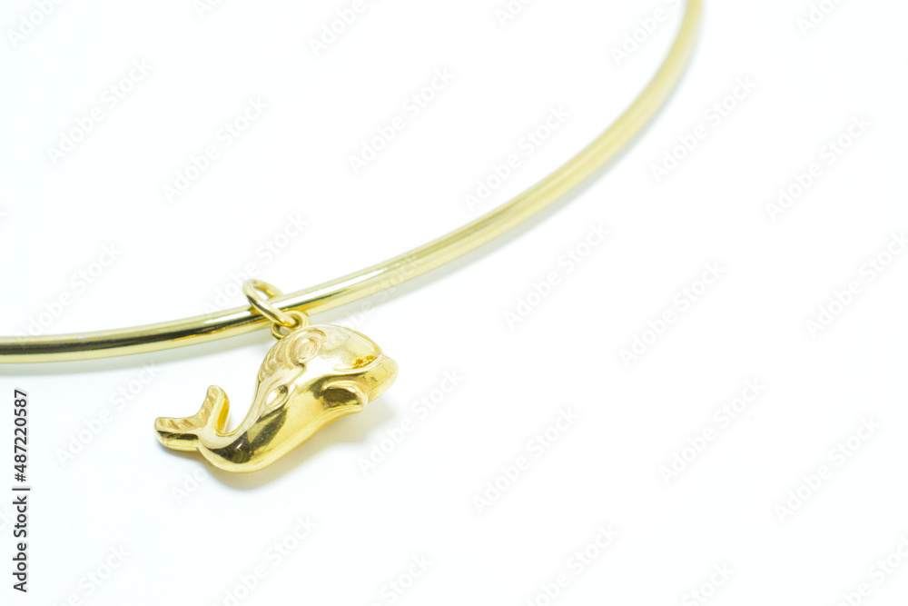 Collar de oro con un dije en forma de pez. Accesorio de joyería, espacio para texto al lado derecho sobre un fondo blanco. Collar de oro con un dije en forma de pez. Accesorio de joyería, espacio para texto al lado derecho sobre un fondo blanco.