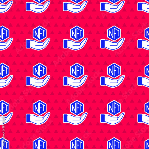 Blue NFT Digital crypto art icon isolated seamless pattern on red background. Non fungible token. Vector