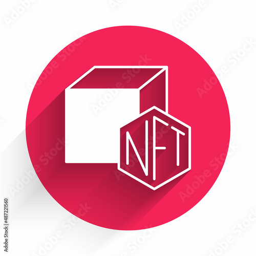 White NFT Digital crypto art icon isolated with long shadow background. Non fungible token. Red circle button. Vector
