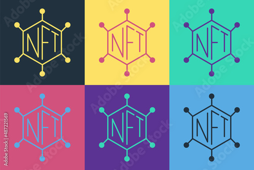 Pop art NFT blockchain technology icon isolated on color background. Non fungible token. Digital crypto art concept. Vector