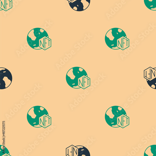 Green and black NFT Digital crypto art icon isolated seamless pattern on beige background. Non fungible token. Vector