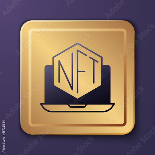 Purple Laptop with art store app icon isolated on purple background. Technology of selling NFT tokens for cryptocurrency. Non fungible token concept. Gold square button. Vector