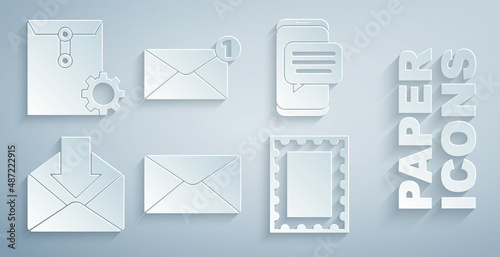 Set Envelope, Chat messages notification on phone, Postal stamp, and setting icon. Vector