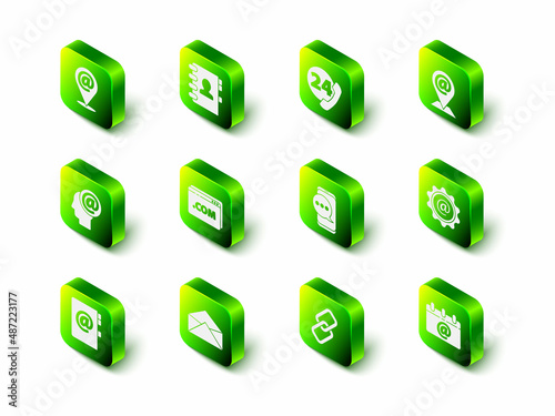 Set Address book, Telephone 24 hours support, Location and mail and e-mail, Mail, Calendar with email, Chat messages notification, Chain link and Envelope icon. Vector