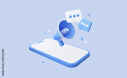 Smart Phone with Megaphone and messages. Online promotion and notification. Banner template concept with news information alert. Internet advertising announcement. 3D Rendering. Blue
