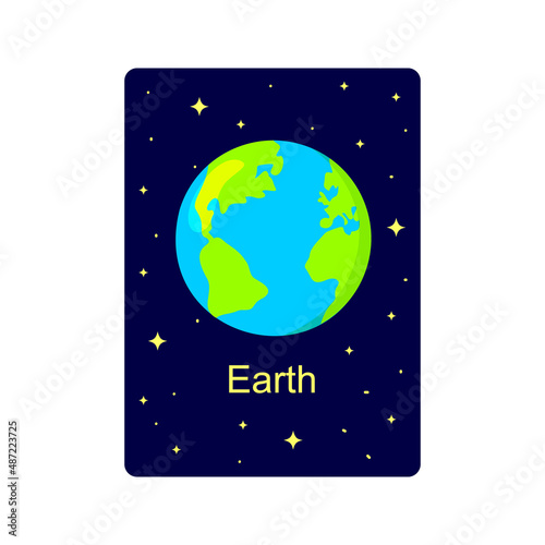 Kids flashcard with Earth planet on dark starry background. Educational handout for schools and kindergartens. Space learning for children. Vector cartoon illustration
