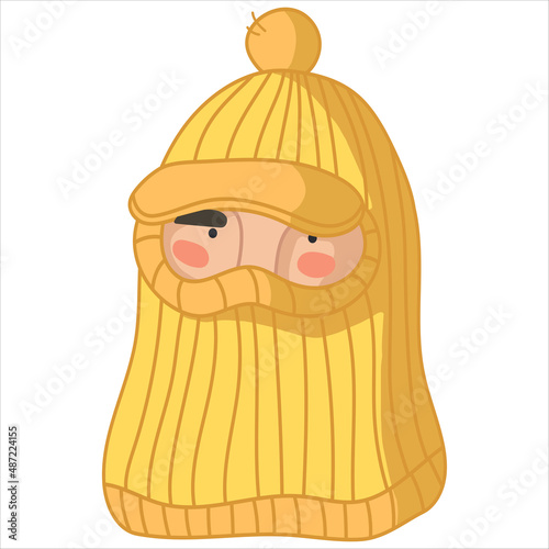 Funny man character in yellow tweed knitted balaclava hat