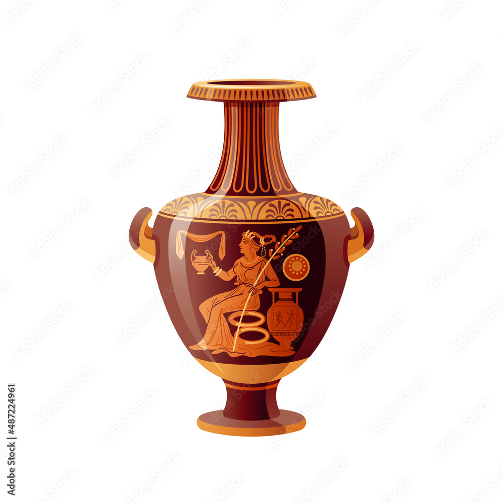 Greek vase. Ancient pottery vector. 3d antique amphora. Greece mythology. old ceramic art painting. Myth jug, roman urn pattern. Vintage pot, jar. Classic red figured greek vase with Demeter goddess