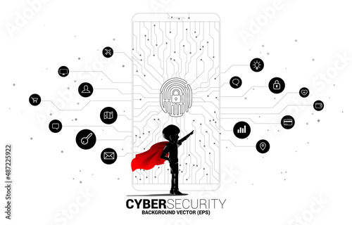 Silhouette kid in superhero dress with thumbprint and lock pad icon in mobile from dot and line circuit board style. background concept for finger scan technology and privacy access.