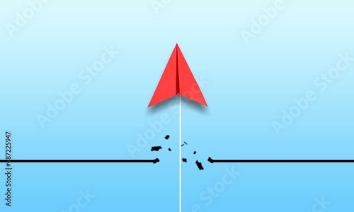 Φωτογραφία Red paper plane breaking through obstacle, Concept of overcoming barriers, goal,