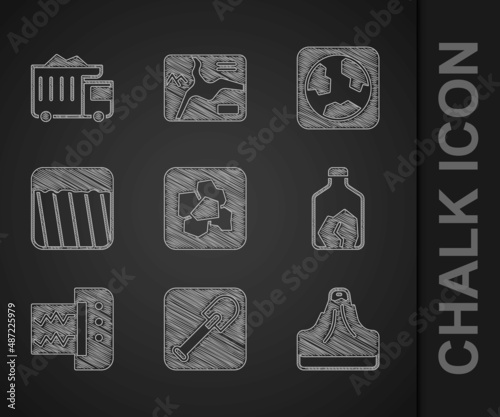 Set Gold nugget, Shovel, Volcano, Ore mining, Seismograph, Ground, Earth globe and Mining dump truck icon. Vector