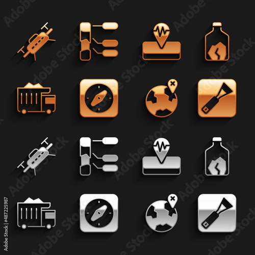 Set Compass, Ore mining, Paint brush, Location on the globe, Mining dump truck, Earthquake, Drone and Soil analysis icon. Vector