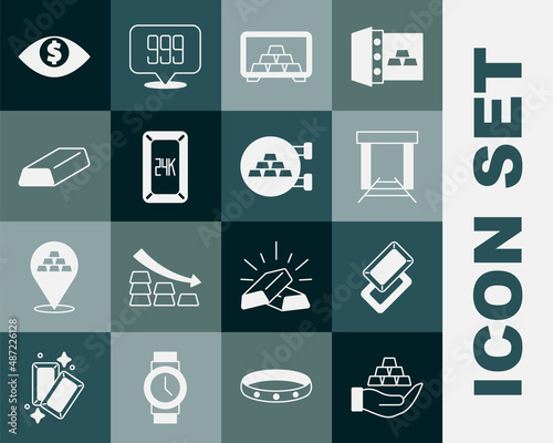 Set Gold bars in hand, mine, Safe with gold, 24k, Eye dollar and Jewelry store icon. Vector
