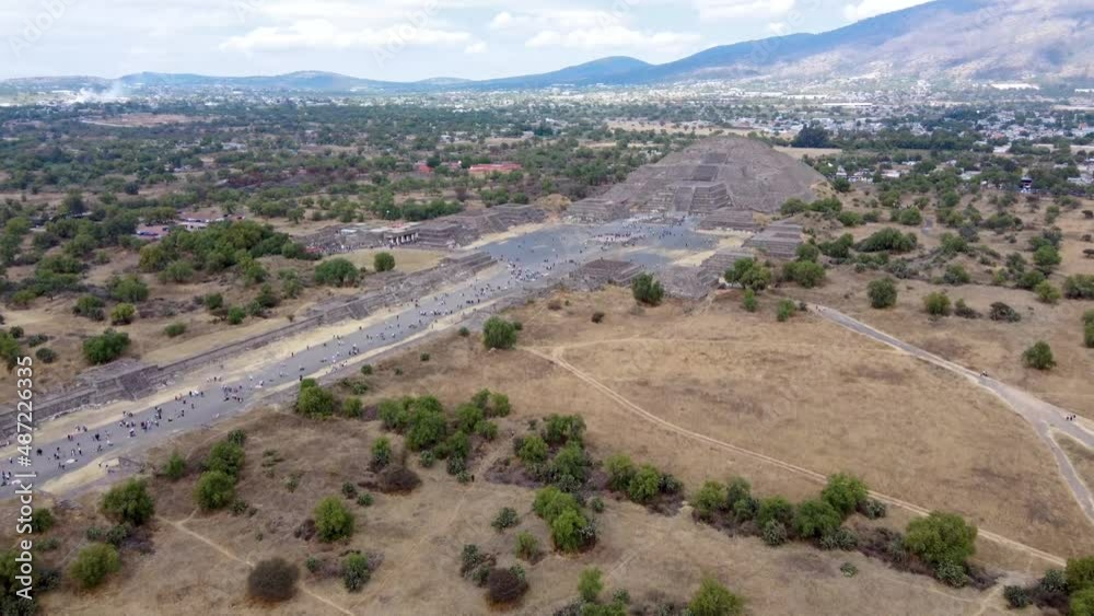Panorama of Pyramid of the Sun. Teotihuacan. Mexico. View from the Pyramid of the Moon. View drone top