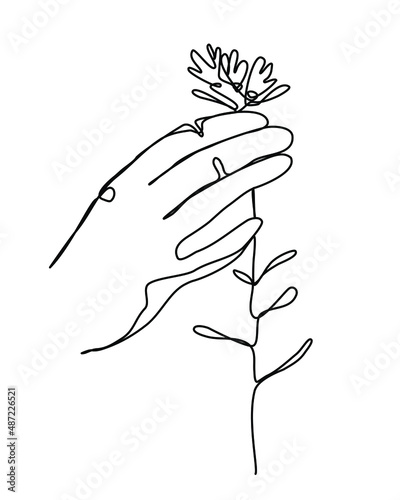 Hand holds Flower Continuous line. Single line modern minimalistic style. Sketch for Valentine's Day, Romantic collection, print, wedding, invitation, etc. Vector illustration.