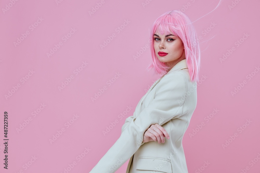 Pretty young female in White blazer pink hair Glamor Cosmetics color background unaltered Pretty young female in White blazer pink hair Glamor Cosmetics color background unaltered