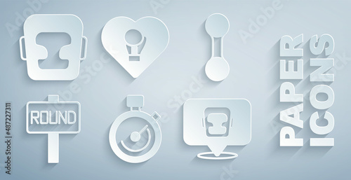 Set Stopwatch, Dumbbell, Boxing ring board, helmet, glove and icon. Vector