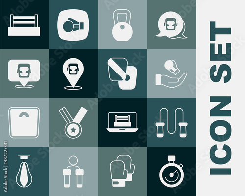 Set Stopwatch, Jump rope, Boxing glove, Weight, helmet, ring and training paws icon. Vector