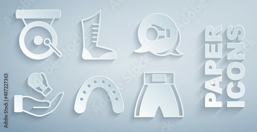 Set Mouth guard boxer, Boxing glove, short, Sport boxing shoes and gong icon. Vector