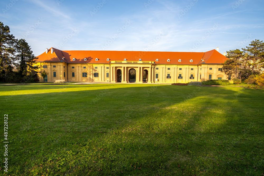 Green gardens in Lednice castle Chateau yard in Moravia, Czech Republic. UNESCO World Heritage Site.