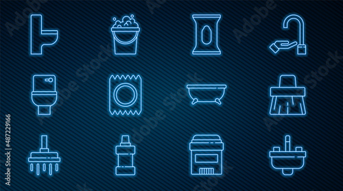 Set line Washbasin with water tap, Handle broom, Wet wipe pack, Condom package safe sex, Toilet bowl, Bathtub and Bucket soap suds icon. Vector