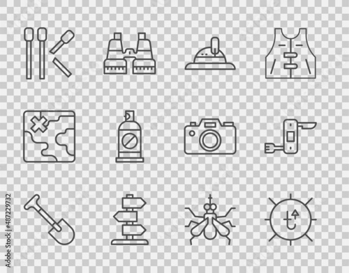 Set line Shovel, Sun, Hunter hat, Road traffic sign, Matches, Spray against insects, Mosquito and Swiss army knife icon. Vector
