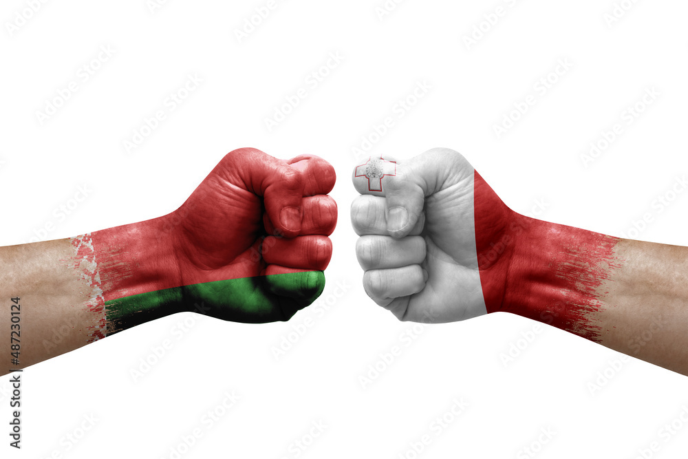 Two hands punch to each others on white background. Country flags painted fists, conflict crisis concept between belarus and malta Two hands punch to each others on white background. Country flags painted fists, conflict crisis concept between belarus and malta