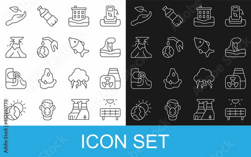 Set line Solar energy panel, Nuclear power plant, Tsunami, House flood, Gas pump nozzle and globe, Volcano eruption with lava, Sprout in hand and Dead fish icon. Vector