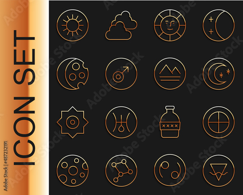 Set line Earth element, globe, Moon and stars, Sun, Mars symbol, Eclipse of the sun, and icon. Vector