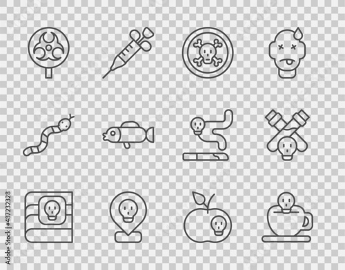 Set line Book about poisons, Coffee cup with skull, Bones and, Radioactive in location, Biohazard symbol, Puffer fish, Poison apple and Bottle potion icon. Vector photo