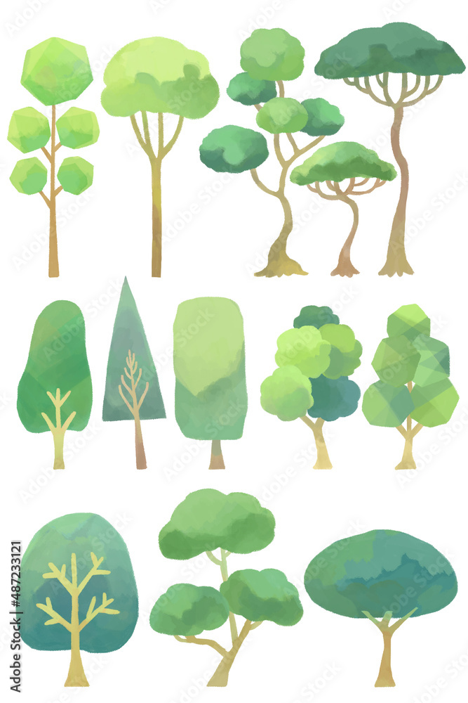  〘 緑の立ち木セット 〙手書き風イラスト/木.森.植木.木立.デフォルト