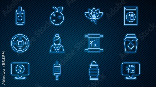 Set line Chinese New Year, Jar of honey, Lotus flower, Asian woman, Yuan currency, Firework, and Peach fruit nectarine icon. Vector