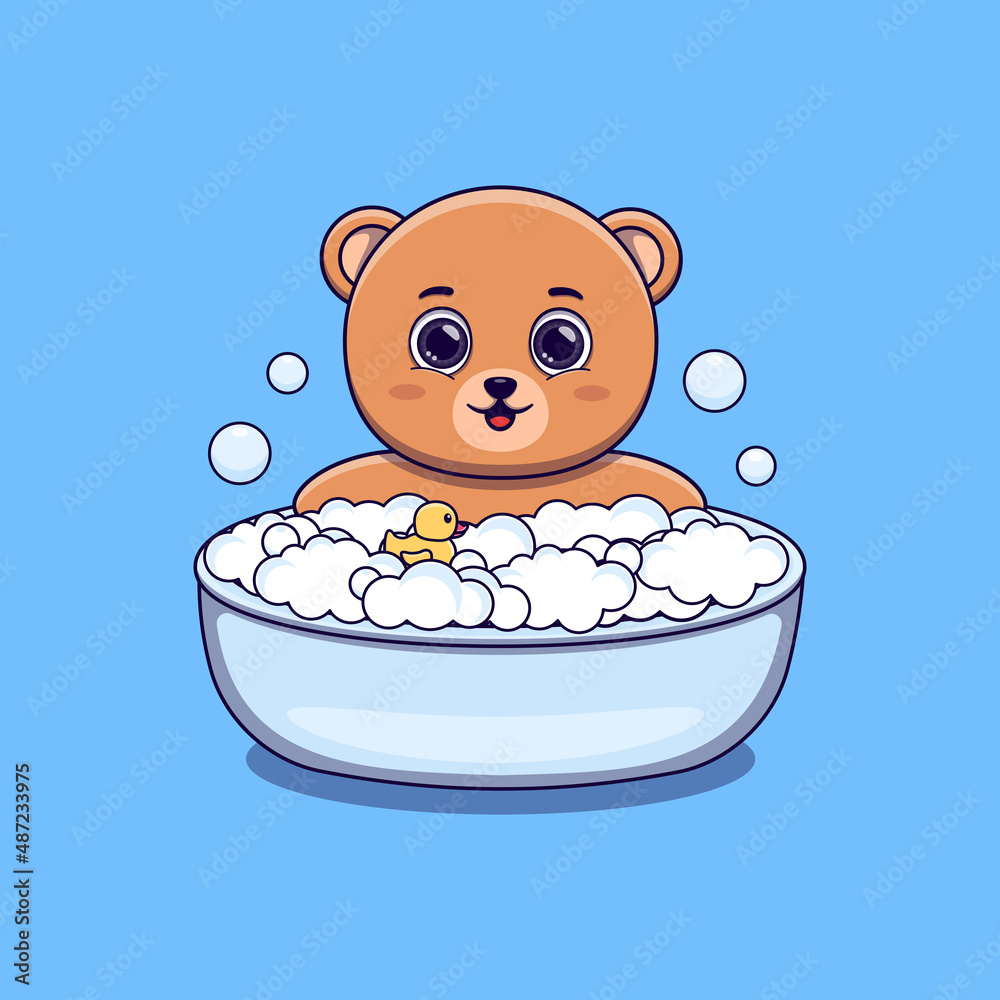 cute bear taking bath with duck toy and bubbles cute bear taking bath with duck toy and bubbles