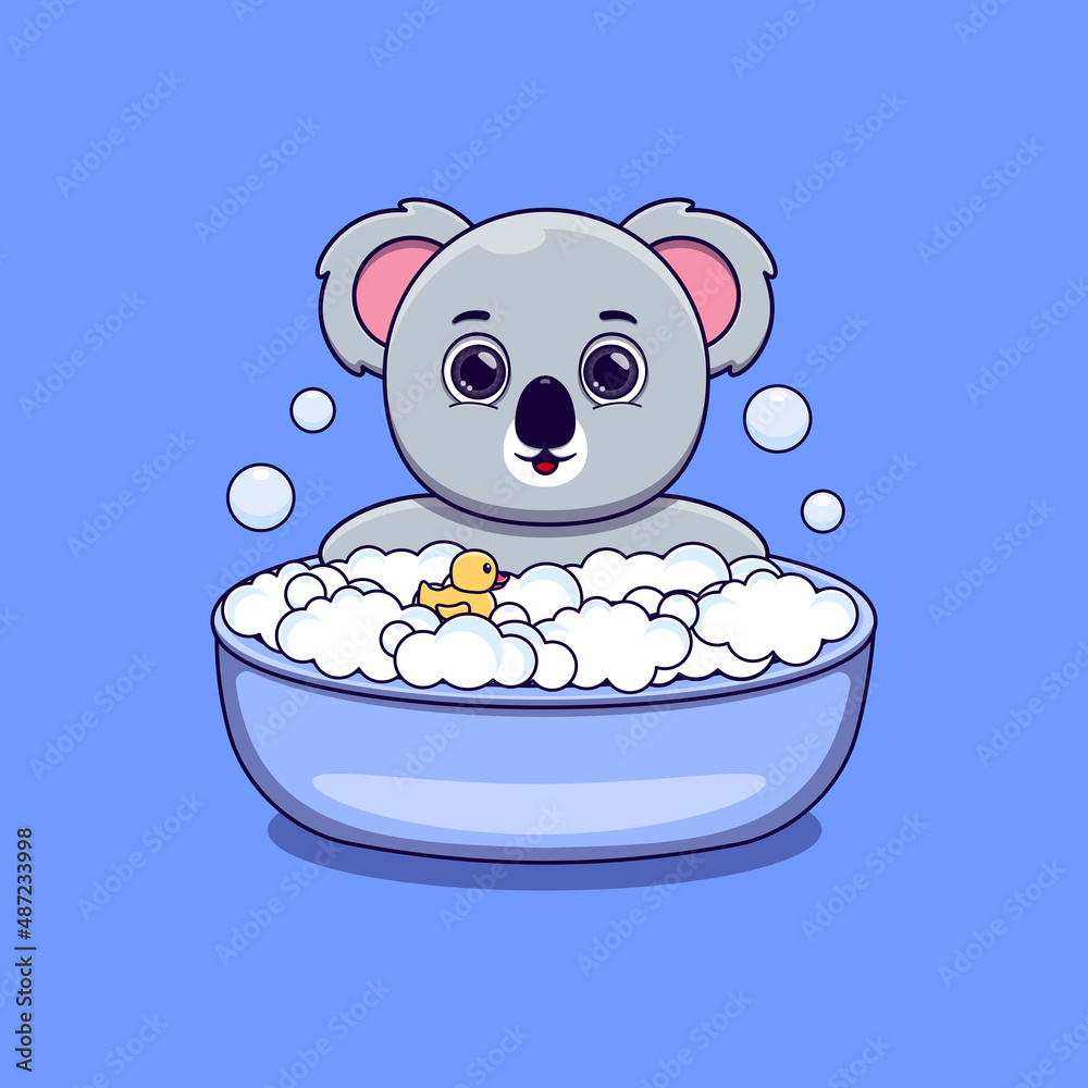 cute koala taking bath with duck toy and bubbles cute koala taking bath with duck toy and bubbles