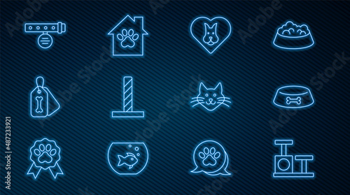 Set line Cat scratching post with toy, Pet food bowl for cat or dog, Heart, Dog collar bone, Collar name tag, and house icon. Vector