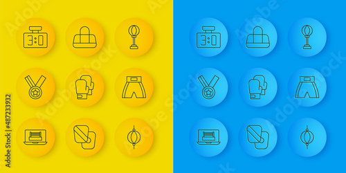 Set line Boxing ring, Medal, glove, Punching bag, short, Sport mechanical scoreboard, and icon. Vector