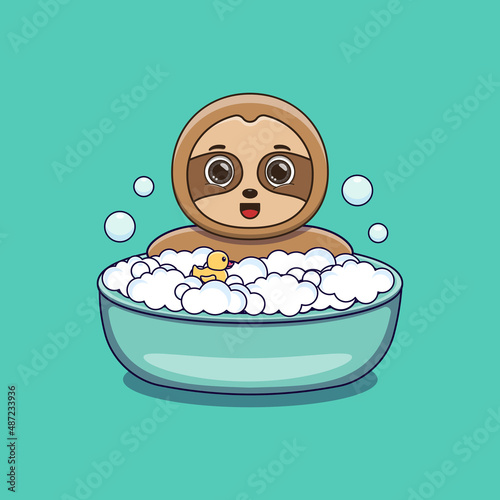 cute sloth taking bath with duck toy and bubbles